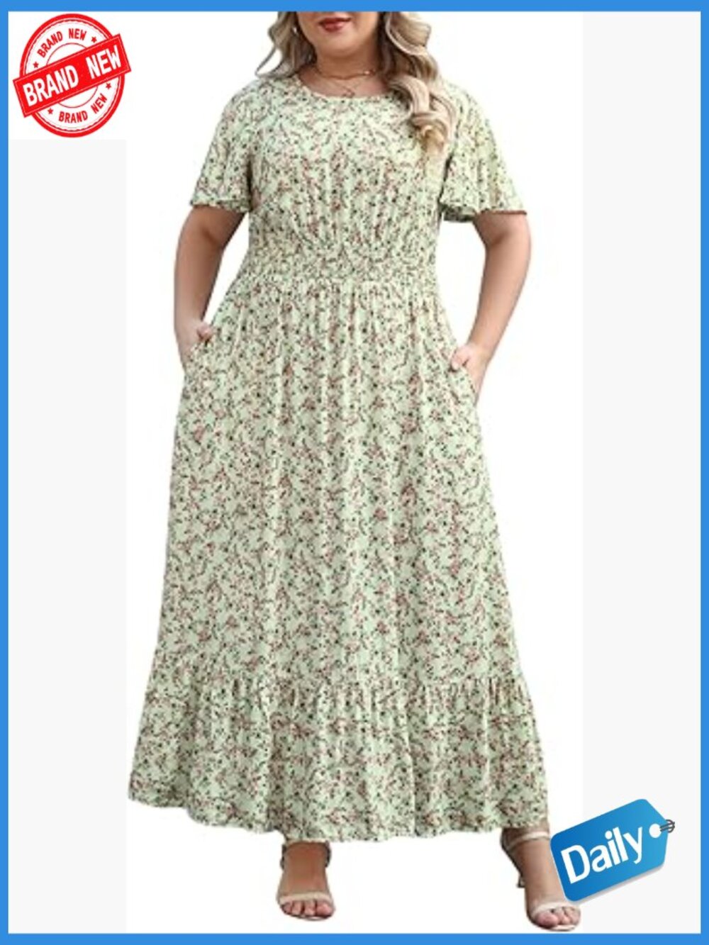 Plus Size Floral Maxi Dress Smocked Waist Flutter Sleeves Boho Casual - Picture 1 of 6